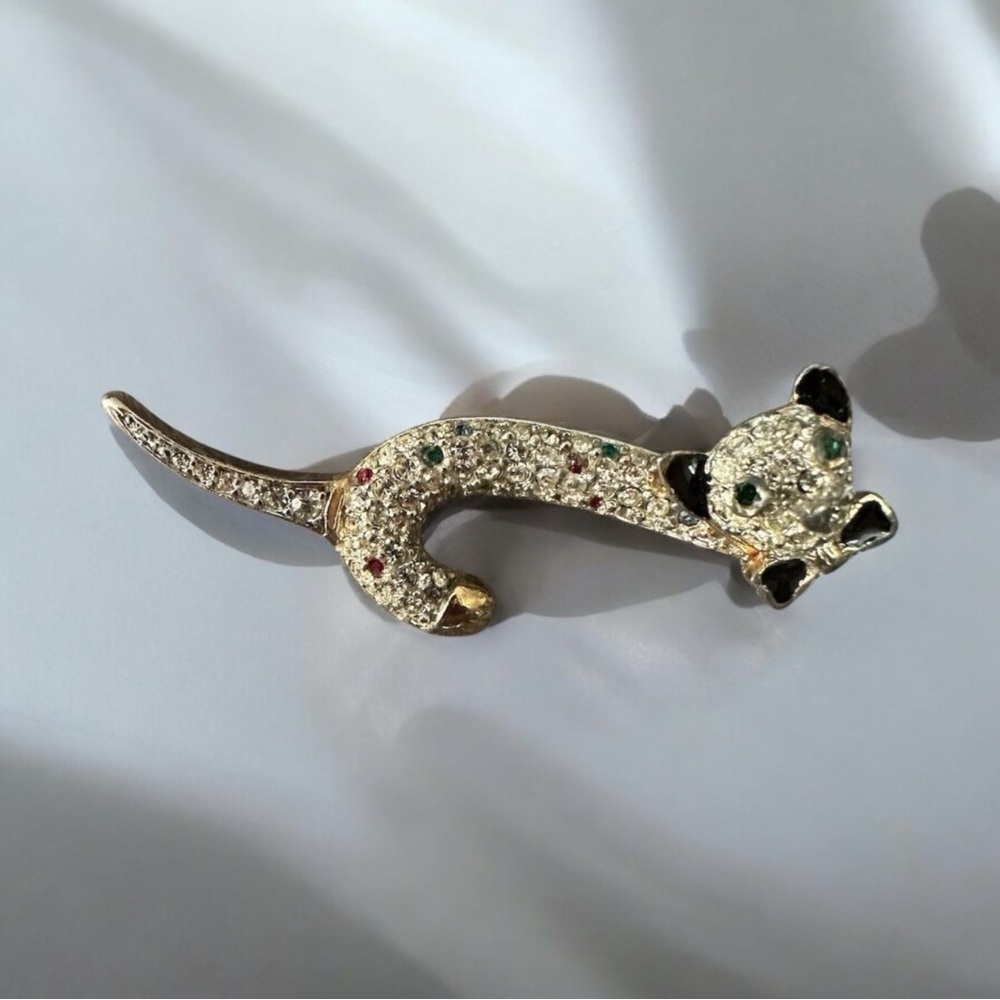 Vintage Crystal Rhinestone & Enamel Leopard Brooch with Green Eyes